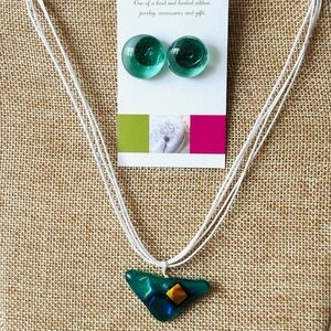 Artisan Teal and Amber fused Glass Necklace with free earrings set, new